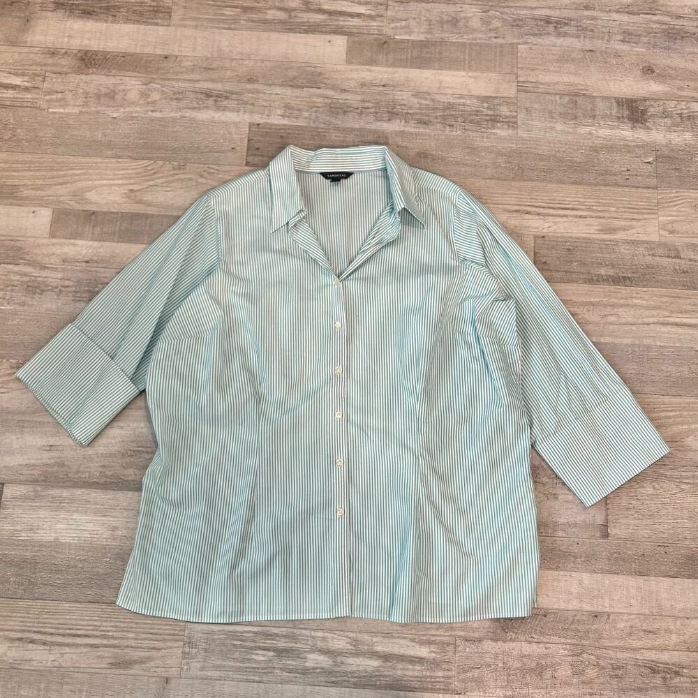 Land's End Green Stripe 3/4 Sleeve Button Front Top Women's O39